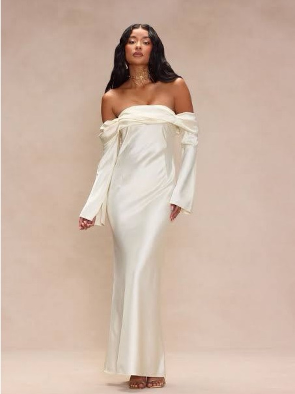 Fashion Nova Amandine Satin Maxi Dress in Cream